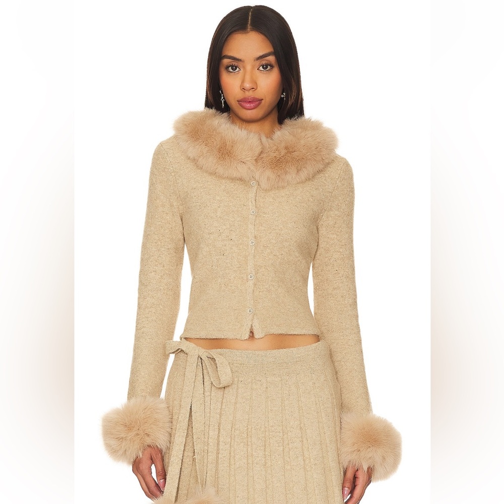 Chic Tan Knit Cardigan with Faux Fur Trim